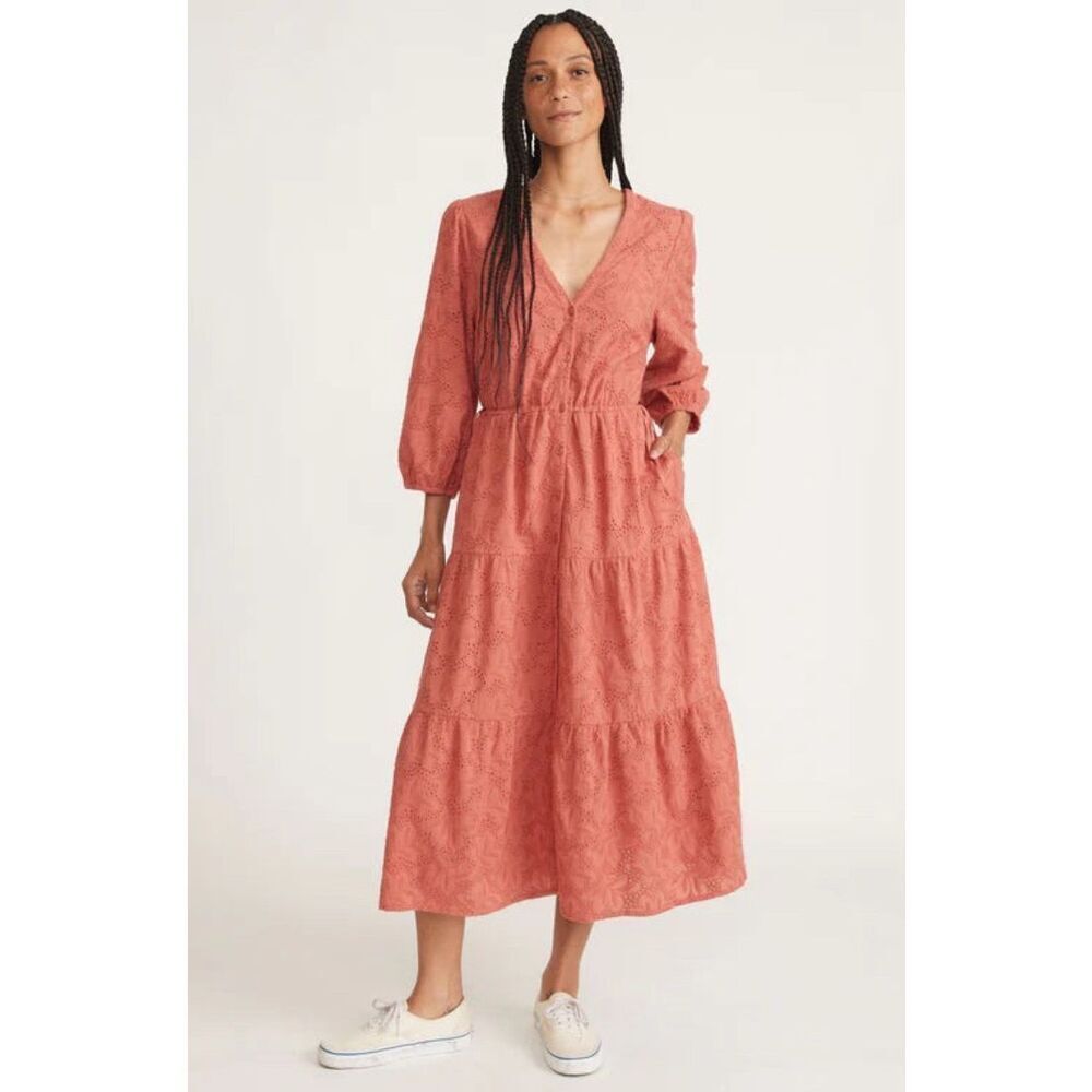 MARINE LAYER Eyelet Willow Midi Dress - Mineral Red Salmon Size Medium